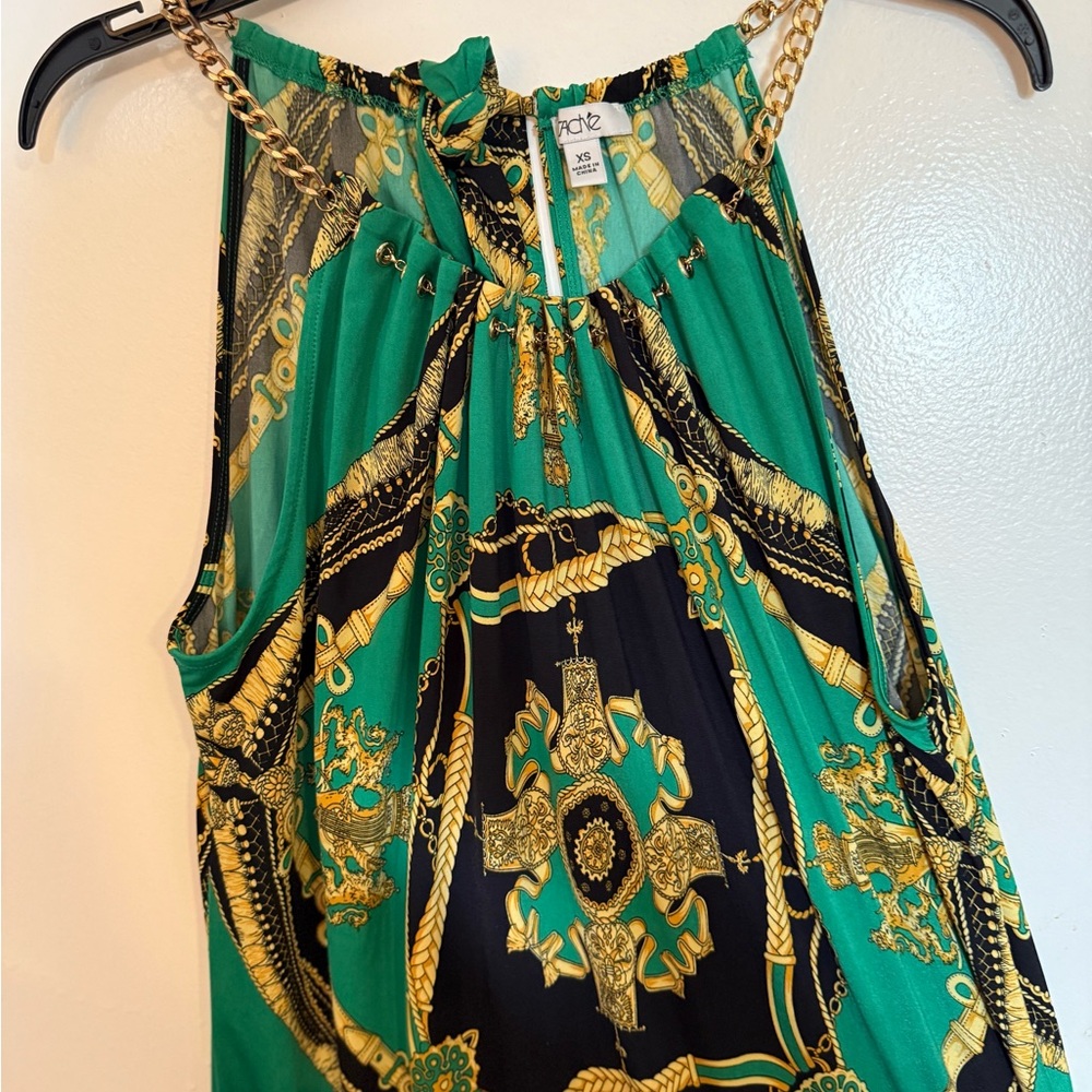 Green and Black Chain Print Women's CACHE Top XS